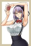  armpits arms_up black_flower black_rose blue_eyes breasts covered_nipples dagashi_kashi flower food gegera hair_flower hair_ornament hairband high-waist_skirt highres holding large_breasts nail_polish purple_hair ribbon ringed_eyes rose shidare_hotaru skirt sleeveless smile solo suspender_skirt suspenders sweets 