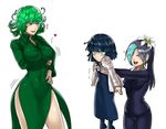  3girls aqua_hair black_dress black_hair blood blue_eyes blush breast_hold breasts covered_navel dress ear_studs earrings flower formal fubuki_(one-punch_man) green_dress green_eyes green_hair hair_flower hair_ornament hairclip heart jewelry large_breasts lifting_person long_hair multicolored_hair multiple_girls necklace nosebleed one-punch_man open_mouth ponytail role_reversal sansetsukon_no_lily short_hair siblings side_slit sisters smile standing tatsumaki the_golden_smurf two-tone_hair white_background 
