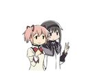  akemi_homura black_hair bow bowtie expressionless jitome kaname_madoka long_sleeves mahou_shoujo_madoka_magica multiple_girls oda_takayuki pink_hair red_bow red_neckwear simple_background smile sweater upper_body v white_background 