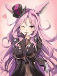  animal_ears bangs between_breasts blush breasts catherine_(granblue_fantasy) cleavage crossed_arms erune eyebrows eyebrows_visible_through_hair finger_to_mouth fox_ears granblue_fantasy gun hairband hand_between_breasts hat heart holding holding_weapon ky_kosuke long_hair medium_breasts mini_hat mini_top_hat one_eye_closed open_mouth pink_eyes pink_hair smile solo top_hat weapon 