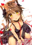 1girl animal_ears bangs black_collar black_dress black_flower black_rose blush breasts brown_hair cat_ears cat_tail dark_skin downblouse dress flower from_above hair_flower hair_ornament highres leash long_hair looking_at_viewer nipple_slip nipples no_bra original parted_lips petals rose rose_petals shiny shiny_hair simple_background sitting small_breasts solo tail v_arms white_background yanagi_yuu yellow_eyes 