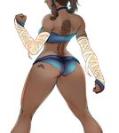  1girl ass avatar:_the_last_airbender back bandage bandages bare_back bare_shoulders brown_hair butt_crack dark_skin from_behind head_out_of_frame highres korra lips long_hair ponytail simple_background solo superboin tattoo the_legend_of_korra thighs white_background 