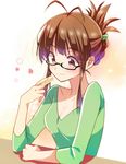  aizawa_chihiro akizuki_ritsuko antenna_hair black-framed_eyewear breasts brown_eyes brown_hair cleavage folded_ponytail glasses idolmaster idolmaster_(classic) medium_breasts semi-rimless_eyewear short_hair smile solo under-rim_eyewear 