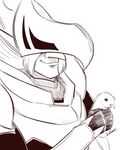  animal armor artist_request bird greyscale highres holding holding_animal male_focus monochrome smile soldato_j solo source_request yuusha_ou_gaogaigar_final yuusha_series 