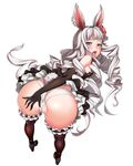  :d animal_ears ass bare_shoulders bent_over black_dress black_gloves black_legwear bunny_ears bunny_tail cameltoe dress drill_hair elbow_gloves elin_(tera) flat_chest flower frilled_legwear gloves hair_flower hair_ornament highres long_hair looking_at_viewer looking_back lucknight nipples open_mouth panties purple_eyes silver_hair smile solo tail tera_online thighhighs tongue tongue_out underwear very_long_hair white_panties 