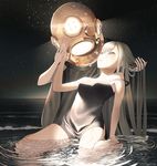  2016 androgynous artist_name bangs bare_shoulders barefoot black_dress diving_helmet dress eyebrows eyebrows_visible_through_hair glowing hair_between_eyes hand_in_another's_hair hand_on_another's_head helmet holding_another's_hair holding_hands long_hair ocean original outdoors parted_lips partially_submerged rain silver_eyes silver_hair sitting sky strap_slip tears throtem twilight wet 