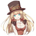  blonde_hair blush bow breasts cleavage_cutout green_eyes grin hair_bow hat long_hair looking_at_viewer medium_breasts meme_attire open-chest_sweater senobi_(senoby) signature simple_background smile solo steampunk sweater top_hat upper_body white_background 