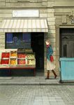  bag black_legwear boots brown_hair building coat container dress dumpster food from_side fruit german handbag hands_in_pockets highres long_sleeves looking_at_viewer original road scarf sidewalk solo storefront street sweater translated walking wide_shot yoshida_seiji 