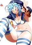  ^_^ ahoge alcohol alternate_costume beer blue_hair blush bottle bra breasts cleavage closed_eyes collarbone cup drink drinking_glass eyebrows eyebrows_visible_through_hair foam heart holding holding_cup hood kumoi_ichirin large_breasts laughing navel no_pants no_shirt open_mouth panties potato_pot simple_background sitting solo stomach striped striped_legwear thighhighs touhou underboob underwear underwear_only v white_background white_bra white_panties 