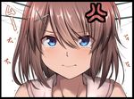  3: anger_vein bangs black_border blue_eyes border brown_hair close-up closed_mouth commentary_request eyebrows_visible_through_hair hair_between_eyes hair_ornament hairclip headgear kantai_collection looking_at_viewer maya_(kantai_collection) portrait pout short_hair simple_background solo tai_(nazutai) tears trembling white_background x_hair_ornament 