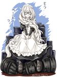  absurdly_long_hair alternate_costume blush commentary_request drum_(container) enmaided glasses gloves gloves_removed hands_on_own_knees kantai_collection long_hair looking_at_viewer maid maid_headdress shinkaisei-kan sitting solo supply_depot_hime tatsumi_ray translated twitter_username very_long_hair white_eyes white_hair white_skin 
