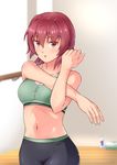  bare_shoulders bike_shorts blush bottle bra breasts folded_clothes hair_between_eyes highres kakiha_makoto kantai_collection kinu_(kantai_collection) looking_at_viewer medium_breasts midriff navel open_mouth red_eyes red_hair short_hair sleeveless solo sports_bra stretch underwear water_bottle wooden_floor 