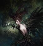  1girl abstract_background aiba_ryosuke black_feathers black_wings brown_hair claws creepy demon feathers floating_hair grey_eyes long_hair looking_at_viewer monster_girl no_eyebrows nude original pale_skin realistic skull teeth wings 