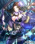  arrow belt bow_(weapon) breasts brown_eyes brown_hair cleavage fantasy floating_hair flower guardians_violation hair_flower hair_ornament large_breasts lens_flare long_hair looking_at_viewer mole mole_under_mouth official_art original quiver solo thigh_strap u369 weapon 