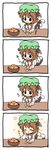  4koma :3 :t ^_^ animal_ears brown_hair cat_ears cat_tail chen closed_eyes comic eating fang food fruit green_hat hand_on_own_cheek hat highres jewelry long_sleeves mandarin_orange mob_cap multiple_tails nekomata pila-pela short_hair silent_comic single_earring solo tail touhou two_tails 