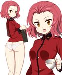  ass brown_eyes cup girls_und_panzer glastonbury1966 looking_at_viewer military military_uniform open_mouth panties polka_dot polka_dot_panties red_hair rosehip short_hair skirt skirt_removed solo st._gloriana's_military_uniform teacup underwear uniform 