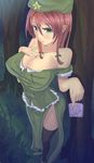  absurdres bare_shoulders beret black_legwear bow braid breasts chinese_clothes cleavage colored_eyelashes condom daito foreshortening from_above green_eyes hair_bow hand_on_own_chest hat highres hong_meiling large_breasts long_hair off_shoulder red_hair side_slit solo thighhighs touhou tree twin_braids 