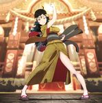  ahoge alternate_costume black_hair brown_eyes circlet fire_emblem fire_emblem_if japanese_clothes kimono kozaki_yuusuke long_hair official_art one_eye_closed ophelia_(fire_emblem_if) pose sandals solo 