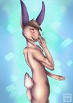  2016 anthro blush butt ember_eyes fur hair invalid_tag lagomorph looking_at_viewer male mammal nude rabbit ruth66 shy smile solo whiskers 