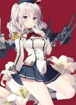  3: absurdres blush breasts epaulettes finger_to_mouth flower gloves hat highres kantai_collection kashima_(kantai_collection) kneehighs lily_(flower) medium_breasts red_background rigging riv silver_eyes silver_hair skirt skirt_lift smile solo 