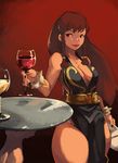 alcohol alternate_costume alternate_hair_length alternate_hairstyle black_dress bracelet braid breasts brown_eyes brown_hair chun-li cleavage commentary cup dress drinking_glass english_commentary envelope highres jewelry lips long_hair medium_breasts no_bra pelvic_curtain side_braid smile solo spiked_bracelet spikes street_fighter street_fighter_v thick_thighs thighs vins-mousseux wine wine_glass 