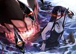  battleship_hime black_hair black_nails choker cuffs dress glowing glowing_eye glowing_mouth hair_between_eyes highres horns i-class_destroyer kantai_collection light_trail long_hair looking_at_viewer nail_polish no_eyebrows ocean partially_submerged red_eyes ro-class_destroyer shinkaisei-kan spaghetti_strap sw_(2311550438) teeth very_long_hair wading 