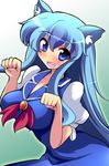  :d alternate_eye_color animal_ears blue_eyes blue_hair blush breasts brooch cat_ears commentary_request dress geo_(yukishitadou) jewelry kamishirasawa_keine kemonomimi_mode large_breasts long_hair looking_at_viewer no_hat no_headwear open_mouth paw_pose puffy_short_sleeves puffy_sleeves short_sleeves smile solo sweatdrop touhou very_long_hair wavy_mouth 