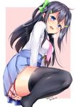  2016 black_hair black_legwear blue_eyes blush bow bra clothed_masturbation fingering fingering_through_clothes fingering_through_panties green_bow green_ribbon hair_bow hair_ornament hair_ribbon hairclip long_hair march masturbation masturbation_through_clothing mokufuu necktie one_side_up open_mouth original panties pink_background pink_neckwear pink_panties pussy_juice ribbon saliva school_uniform see-through serafuku skirt solo striped striped_bra striped_panties thighhighs through_clothes underwear 