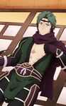  abs artist_name catnappe143 circlet fire_emblem fire_emblem_if gloves green_hair highres male_focus nipples purple_eyes scarf solo suzukaze_(fire_emblem_if) undressing watermark web_address 