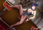  animal_ears bare_shoulders black_hair blue_eyes breasts bunny_ears bunnysuit chakabo cleavage fishnets highres large_breasts leotard long_hair no_shoes original pantyhose solo spread_legs 