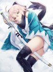  blonde_hair boots fate_(series) japanese_clothes katana koha-ace lying okita_souji_(fate) okita_souji_(fate)_(all) on_side scarf senoo_aoi sheath solo sword thigh_boots thighhighs unsheathing weapon yellow_eyes 