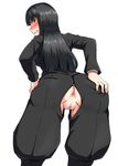  anus ass bent_over black_hair blush brown_eyes censored cowboy_shot girls_und_panzer hand_on_hip hand_on_own_ass leaning_forward long_hair looking_at_viewer looking_back mature mimuni362 nishizumi_shiho pussy solo uniform white_background 