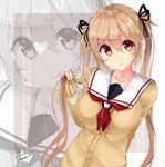  beamed_eighth_notes black_ribbon blonde_hair breasts brown_eyes cardigan dated eighth_note hair_ribbon heart holding holding_hair kantai_collection long_hair medium_breasts mokufuu murasame_(kantai_collection) musical_note neckerchief quarter_note red_neckwear ribbon school_uniform serafuku smile solo twintails twitter_username zoom_layer 