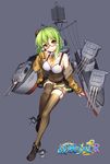  bison_cangshu breasts brown_legwear cannon cleavage corset garter_straps glasses green_hair hat large_breasts machinery new_orleans_(zhan_jian_shao_nyu) official_art radar remodel_(zhan_jian_shao_nyu) rigging short_hair skirt smile solo striped striped_legwear thighhighs turret vertical-striped_legwear vertical_stripes yellow_eyes zhan_jian_shao_nyu 