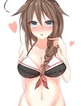  ahoge arm_behind_back bare_shoulders bikini_top blue_eyes blush braid breasts brown_hair collarbone covered_nipples hair_flaps hair_over_shoulder heart highres kantai_collection large_breasts long_hair looking_at_viewer navel no_panties open_mouth out-of-frame_censoring pikacchi remodel_(kantai_collection) shigure_(kantai_collection) simple_background single_braid solo wet white_background 