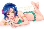  bad_id bad_pixiv_id bikini blue_hair blush breasts cleavage dated flower hair_flower hair_ornament happy_birthday idolmaster idolmaster_million_live! ima_(lm_ew) looking_at_viewer lying medium_breasts nanao_yuriko on_stomach open_mouth short_hair smile solo swimsuit yellow_eyes 