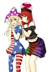  absurdres american_flag_dress american_flag_legwear bare_shoulders black_hair blowing_in_ear blush clothes_writing clownpiece collar frilled_skirt frills from_behind hat hecatia_lapislazuli highres jester_cap leaning_forward leaning_on_person legs long_hair miniskirt multicolored multicolored_clothes multicolored_skirt multiple_girls navel off-shoulder_shirt ozu_(agito100001) pantyhose plaid plaid_skirt polos_crown red_eyes red_hair shirt short_sleeves simple_background skirt surprised thighs touhou white_background 