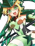  akatsuki_kirika armor armpits blonde_hair blush bodysuit elbow_gloves gloves green_bodysuit green_eyes headgear highres looking_at_viewer naganegi open_mouth senki_zesshou_symphogear short_hair smile solo thighhighs 