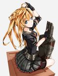  :o abukuma_(kantai_collection) arm_up belt bike_shorts black_gloves blonde_hair blue_eyes blush box closed_mouth double_bun esg_(essagna) gloves grey_background hair_rings highres kantai_collection long_hair looking_at_viewer looking_to_the_side machinery neckerchief on_box partly_fingerless_gloves pleated_skirt remodel_(kantai_collection) school_uniform serafuku short_sleeves shorts shorts_under_skirt simple_background sitting sitting_on_box skirt solo tareme turret twintails 