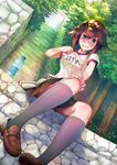  blue_eyes bottle brown_hair clothes_around_waist day gym_shirt gym_uniform hayasui_(kantai_collection) jacket jacket_around_waist kantai_collection loafers looking_at_viewer outdoors shirt shoes short_hair sitting sitting_on_stairs skirt solo stairs tomamatto track_jacket water_bottle 