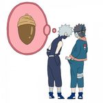  acorn brown_hair bubble full_body funnyfunny goggles grey_hair hands_in_pockets hatake_kakashi long_sleeves mask multiple_boys naruto naruto_(series) naruto_shippuuden pants shoes short_hair uchiha_obito white_background 