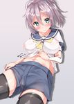  aoba_(kantai_collection) aqua_eyes black_legwear blue_eyes breasts covered_nipples dated kantai_collection kerchief large_breasts looking_at_viewer messy_hair mokufuu ponytail purple_hair school_uniform scrunchie see-through serafuku shirt_lift shorts smile solo thighhighs twitter_username 