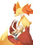  ambiguous_gender blue_eyes brown_hair claws clothing delphox female fur hair hand_holding happy human lying mammal nintendo pok&eacute;mon red_eyes red_fur serena simple_background smile unknown_artist video_games yellow_fur 