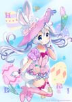  :o animal_ears animal_hat aqua_hair artist_name blue_eyes blush bow bunny_ears bunny_hat bunny_tail commentary_request dated easter easter_egg egg flower garters gloves gochuumon_wa_usagi_desu_ka? hair_ornament hairpin hand_on_own_cheek happy_easter hat hat_bow high_heels highres jumping kafuu_chino long_hair looking_at_viewer neki_(wakiko) polka_dot puffy_pants ribbon silver_hair solo tail thigh_ribbon thighhighs tulip twintails twitter_username white_gloves 