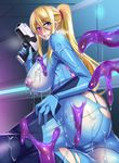  1girl areolae artist_request beauty_mark blonde_hair blue_eyes blush breasts cameltoe from_behind gun heavy_breathing large_breasts long_hair looking_back megane_man metroid nipples pixiv_manga_sample ponytail samus_aran slime solo sweat tentacle torn_clothes weapon zero_suit 