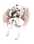  barefoot collar dress enemy_aircraft_(kantai_collection) gloves horns kantai_collection mittens northern_ocean_hime pale_skin red_eyes sachilko_(motiko) shaded_face smile solo thigh_strap thong traditional_media twitter_username watercolor_(medium) white_dress white_hair 