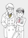  2boys atsushi_(osomatsu-san) bangs cowlick crossed_arms extra formal half-closed_eyes hands_in_pockets limited_palette male_focus matsuno_todomatsu multiple_boys necktie osomatsu-kun osomatsu-san pink_neckwear sketch smile suit swept_bangs trench_coat yellow_neckwear 