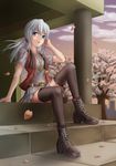  absurdres ankle_boots arm_support belt black_legwear boots cherry_blossoms cross-laced_footwear funami_dingo grey_eyes grey_hair hand_in_hair high_heels highres lace-up_boots original petals skirt smile solo stairs thighhighs vest 