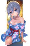  anastasia_(idolmaster) arm_support ashita_(2010) bad_id bad_twitter_id bare_shoulders blue_eyes breasts cleavage collarbone idolmaster idolmaster_cinderella_girls idolmaster_cinderella_girls_starlight_stage japanese_clothes kimono looking_at_viewer medium_breasts short_hair silver_hair smile solo 