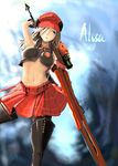  absurdres alisa_ilinichina_amiella arm_up armpits blue_eyes boots cabbie_hat character_name elbow_gloves fingerless_gloves gloves god_eater hair_over_one_eye hat highres huge_weapon long_hair looking_at_viewer no_bra open_clothes open_shirt pantyhose shirt silver_hair skirt solo suspender_skirt suspenders sword thigh_boots thighhighs type-moon_fans weapon 